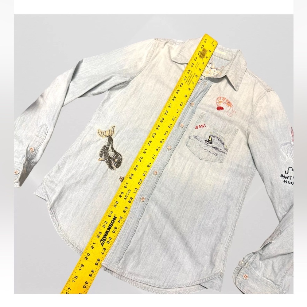 MOTHER Foxy Boxy Buried Treasure Embroidered Shirt Denim Indigo In Blue S Small - Picture 7 of 9